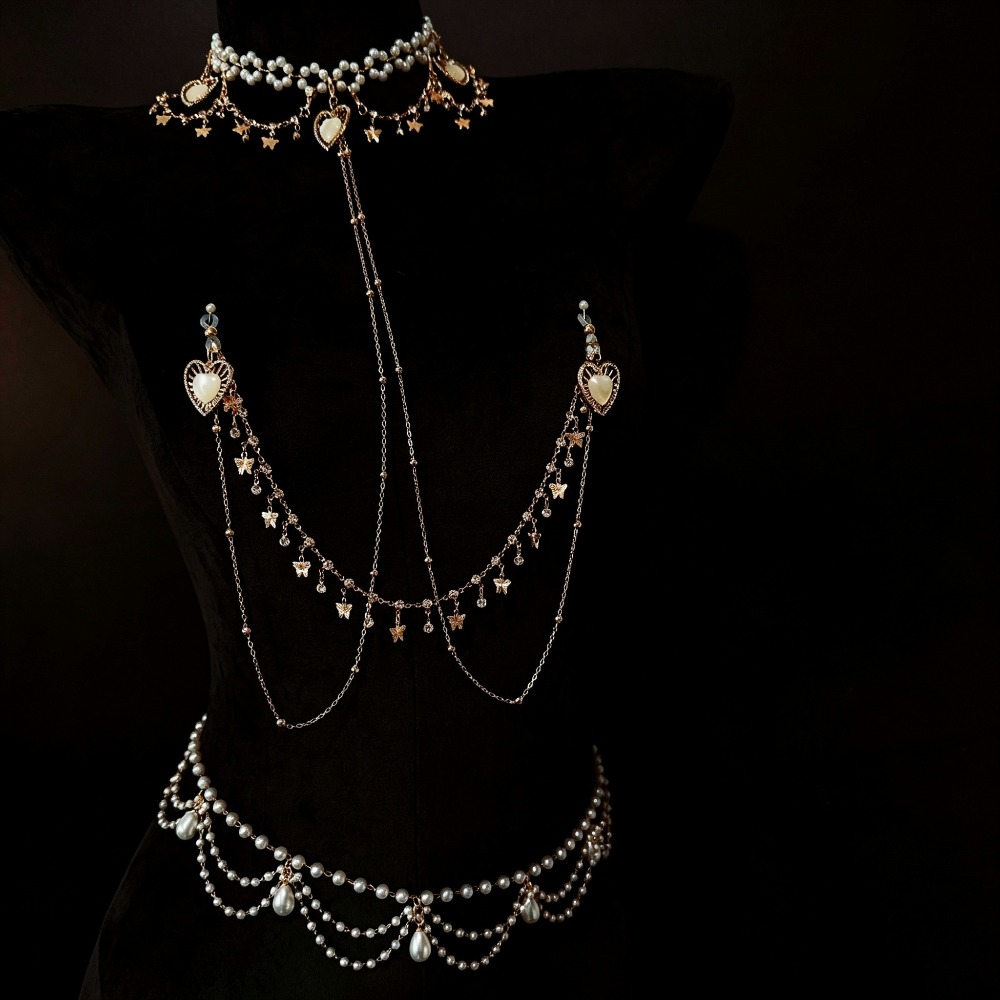 Body Jewelry Nipple Chain - Parel choker body chain met strass